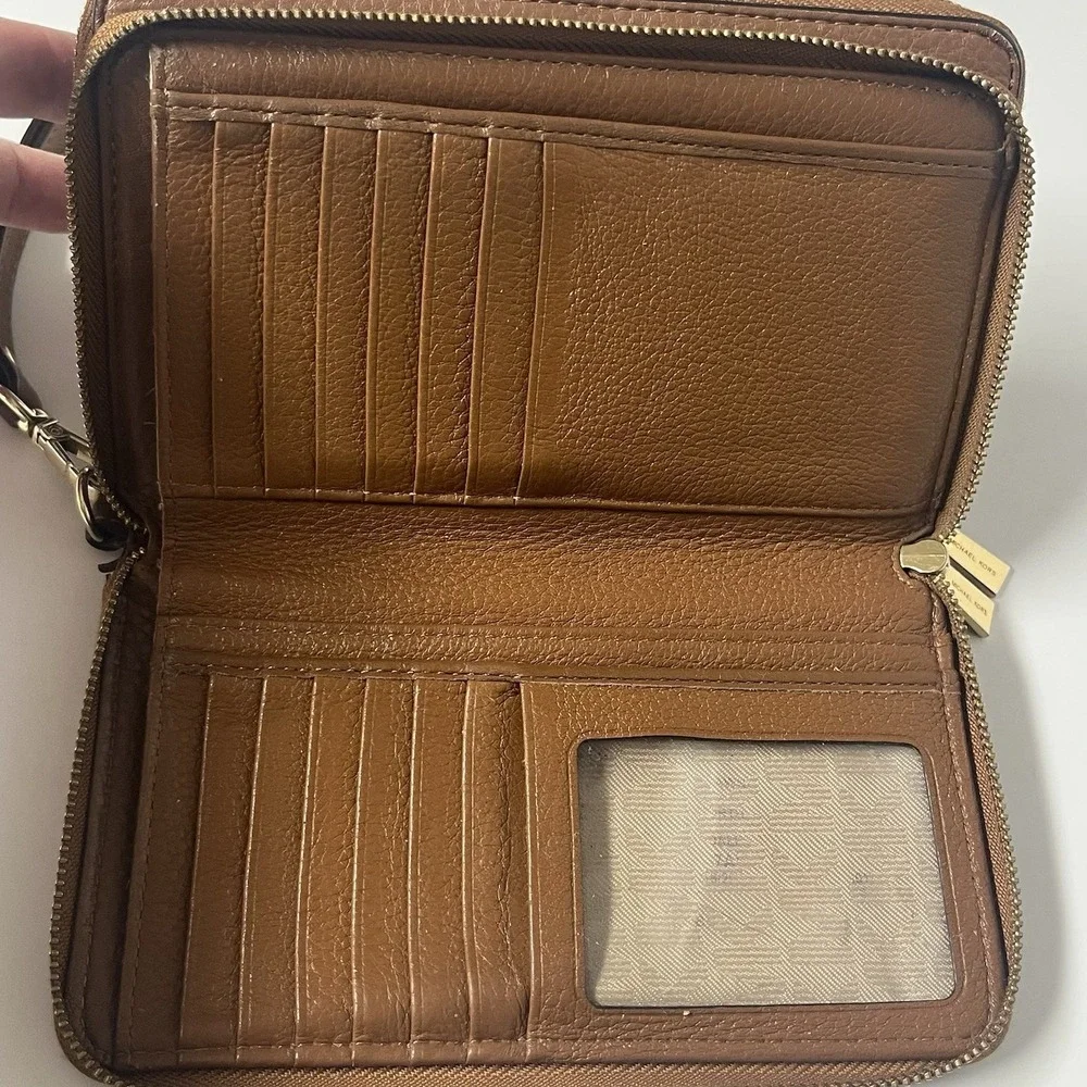 Michael Kors Women's Double Zip Wristlet Wallet Saffiano Brown Leather